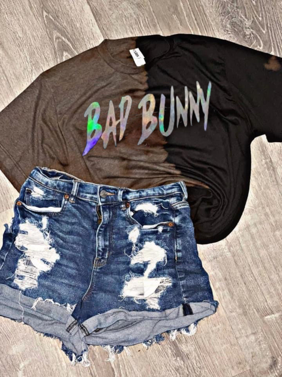 Bad Bunny half bleached holographic tee